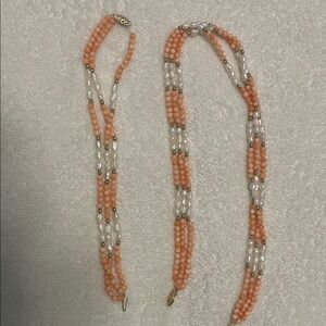Angel skin coral and white and gold color beads. Clasp 14K. Necklace & bracelet